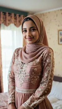 A, (very petite), (arabic), woman, wearing a very playfull dress, lace, hijab, sweet smile, 19 years old, standing in a bedroom., (realistic, hd, photography), . woman, ohwx, <lora:PetiteNymphet_SDXL_v1.0:.8>