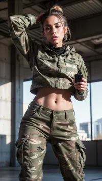 1girl, (soldier in the army), (bent over), (camo jacket), hair tied up, in a cement building, 4K, best quality, (masterpiece), (ultra-detailed), extremely detailed eyes, (extremely detailed face), textured skin, (photorealistic), insane details, seductive look, cute face, stunningly beautiful, (pulling down pants), wearing camo pants, small muscular ass spread open, looking to the side, no underwear, pussy visible, UHD, Realist skin tone, realistic lighting, realistic drill Sargent fucking her