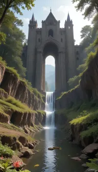 A wild river carves through a fantastical utopian landscape, its turquoise waters glowing faintly with bioluminescent algae as it plunges over moss-covered cliffs into misty waterfalls. Towering trees with translucent amber bark and iridescent leaves form a lush canopy, while fields of luminescent flowers in violet, coral, and gold ripple in the breeze. The air shimmers with floating pollen-dust and tiny winged creatures resembling dragonflies with stained-glass wings. Jagged crystal spires rise in the distance, half-hidden by cascading vines and glowing fungi clinging to their bases. The sky is a kaleidoscope of soft auroras blending into peach-hued clouds, casting warm light on ancient stone bridges draped in ivy and orchids. No signs of technology—only harmonious coexistence of magic and nature, with waterfalls feeding crystal-clear pools teeming with fish that flicker like living gems. Style, ethereal fantasy realism with hyper-detailed textures, (water droplets, leaf veins, crystal facets), and a vibrant palette of jewel tones against earthy greens and golds.