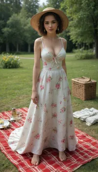 20 year old, floral sundress, great cleavage, on a picnic, full body