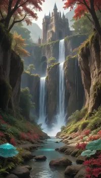 A wild river carves through a fantastical utopian landscape, its turquoise waters glowing faintly with bioluminescent algae as it plunges over moss-covered cliffs into misty waterfalls. Towering trees with translucent amber bark and iridescent leaves form a lush canopy, while fields of luminescent flowers in violet, coral, and gold ripple in the breeze. The air shimmers with floating pollen-dust and tiny winged creatures resembling dragonflies with stained-glass wings. Jagged crystal spires rise in the distance, half-hidden by cascading vines and glowing fungi clinging to their bases. The sky is a kaleidoscope of soft auroras blending into peach-hued clouds, casting warm light on ancient stone bridges draped in ivy and orchids. No signs of technology—only harmonious coexistence of magic and nature, with waterfalls feeding crystal-clear pools teeming with fish that flicker like living gems. Style, ethereal fantasy realism with hyper-detailed textures, (water droplets, leaf veins, crystal facets), and a vibrant palette of jewel tones against earthy greens and golds.