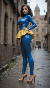 Snow White, yellow skirt, blue blouse latex skin-tight suit, big breasts, full-length, thin, bare feet, high-heeled shoes