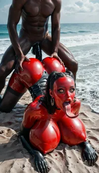 1 woman gigantic alien, skinny, (red gigantic woman:1.3), (1 man mini:1.3), (red full body latex suit:1.5), metallic surface, (latex is iridescent:1.5), (Breasts covered in latex except nipples:1.5), (Black latex stockings:1.5), (black latex corset:1.5), very slutty face, very surprised, beach, (face down elevated in the air:1.5), close-up, ultrarealism, masterpiece, alien tongue, vaginal sex, ((massive breasts:1.4)), (horns, long tongue, red eyes), (alien woman:1.3), makeup, narrow waist, glowing eyes, look at viewer, earrings, (huge puffy lips), excited look, (glossy red lipstick:1.2), Current transparent saliva, high detailed face, thin, big breasts, wide hips, red glowing, blood, man lying, tentacles sucked on man, rear view, rear focus, focus rear, Cinematic light, best quality, mega detailed, mega quality, high detailed
