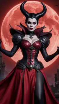 hyper-maximalism, ultra detailed photorealistic scene of the wicked queen from Malificent, ((night with full blood moon background)), (wearing a bkack and red metal paladin armor with skull ornements), (she is casting with her hands dark black magic flammes), (Maleficent huge black horns), (extremely pale skin), (black lipstick), (Disney+), perky tits, huge breast out of armor, cleavage, perfect body, glowing red eyes, Irradiant Landscape, in dynamic, atmosphere of darkness and horror, dramatic light, highly detailed, packed with hidden details, hyper realistic, in the style of wallpaper Medium body shot, colorful realism, realistic attention to detail, UHD, 8K, perfect hands, ultra photorealistic natural skin textures, slight imperfections, final render, vray, MaleficentWaifu, dress, green, skin, <lora:add-detail-xl:.8>