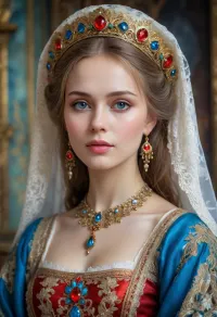 Portrait of a Russian beauty in national costume, lace filigree of bright, rich color. Super clear, highly detailed watercolor, glaze technique, plus colored alcohol ink, style of V. Vasnetsov