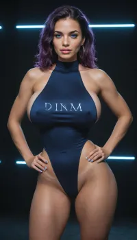 (((Long purple hair))), Fashion model pretty slavic girl dressed extreme sheer high cut swimsuit, fit abs, minimalism, deep blue and gold, in the style of avantgarde fashion photography, conceptual futurism, intricate details, 4k, hyper realistic, hyper detailed, real life, Sony Alpha α7, photorealistic, photoshoot, (((wide hips:1.5))), (((gigantic implant breasts:1))), (((black walls background))), bimbo full lips, tanned skin, (((blue neon lights))), (((blue shadows))), (((dim lights))), legs wide spread, hands on hips, sexy smirk