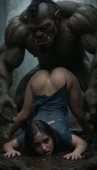 Highly realistic, sharp focus, her eyes rolled back, (side view angle, face down ass up), screaming in pain, (laying flat face down ass up in sinking sticky tar pit), orc salivating onto her face, ((cute princess)), orcs pull her hair and head back by her hair, huge barbed cock in her pussy, ((aroused face)), wearing diaphanous dress, torn dress, 18 years old, perfect skin, long black hair, (blue eyes), ((((perkynatural boobs)))), large hips, (a giant monster stand next to her:1.3), vivid color, gate of an orc village in mud with dark rain sky, bright, blue, eyes, diaphanous, dress, orc, group, of, <lora:bright_blue_eyes:.6>, <lora:xl_diaphanous_dress-1.0:.7>, <lora:580159_training_data:.9>, <lora:EdobOrc_XL_v1.0:1.6>, <lora:dark:.4>