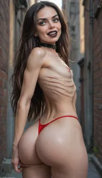 (Ultra High Quality, Ultra Detail, Focus and Definition), Ultra Quality, (Extremely Attractive, Tight 30 Year Old Slut, Evil, Sharp Face, Stunning Blue Eyes, Black Lips, Brunette, Long Hair to Ass, Wide Hips, Wide Ass, Firm Ribs, Very Detailed Focused Tits:1.6), Small Areola, Pierced Navel, (Tiny Gold Bib), Choker, (Tiny Micro Shorts Revealing G-String), (Red G-String), She Stands in an Alley by the Castle Wall.