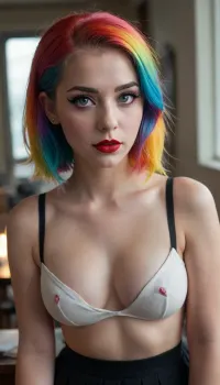 18 year old school girl, red lipstick, cat eyes, rainbow hair, medium breasts, black eyeliner, full body picture, <lora:278488_training_data:.8>