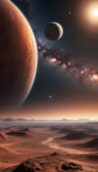 A realistic space landscape of a distant exoplanet, space phenomena in the sky, fantastic views, Saturn's rings in the sky, galaxy, Mars rising from behind Jupiter, milky way, craters on the surface
