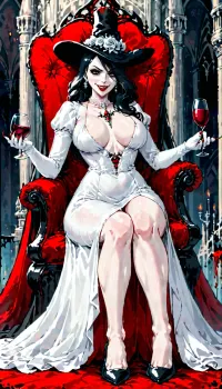 lady dimitrescu, tall mature woman, vampire, elegant white dress, black hat, pale skin, red lips, seductive smile, sharp nails, gothic castle, dominant pose, gloves, femdom vibes, sitting on throne, long legs, wine glass

--add, nsfw, underboob, high slit dress, giantess, face sitting, vampire bite, dark atmosphere, CASDIMI, <lora:CASSANDRA:.5>