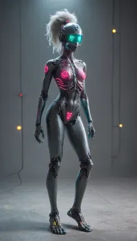 zoomed out full body portrait, ((Asian cyborg girl with human face and lights on helmet:1)), (neon pink and neon green robotic arms), (robotic legs), (neon blue robotic feet), robotic skeleton with visible neon robotic organs, many face scars and many tattoos, platinum hair in high ponytail, <lora:PAseer-SDXL-Transparent Robot:.5>