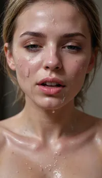 her body is covered with cum on face and tits, cum dripping from vegina
