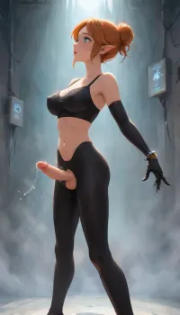 (Dark elf sorceress), (detailed eyes), (perfect eyes), long orange hair, deep cleavage, seductive gaze, mechanical arms, mechanical hands, She's masturbating in the Ballet Hall, one hand masturbation, wearing a black latex ballet suit, bare breasts, with her short penis peeking out from under the black latex underpants, her hair in a bun, smooth black skin, big round boobs, erect nipples, shiny body, toned abs, narrow waist, curvy hips, Profile view, looking from the side, sticking his ass up, testicles hanging down, ballet pose, ballet dancing, soft fog, erotic fantasy lighting, NSFW, masterpiece, highly detailed, futanari, futanari short penis, testicles, erection, futa_overflow, cum in ballet hall, dripping cum in ballet hall, orgasm face, <lora:J_cartoon:.3>, <lora:Animated_Concept:.3>, <lora:samdoesarts1.1-000030:.3>, <lora:209970_training_data:.8>, Futur1st1c, Sc0ut, G1rl, girl, neon, laboratory, holographic, light, <lora:Futuristic_Scout_Girl:.8>