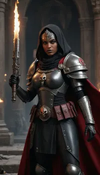 Create a detailed and dynamic illustration of a dark-skinned Arab woman as a Sister of Battle, (Adepta Sororitas), from the Warhammer 40, 000 universe. She should be depicted in her iconic power armor, wielding a bolter and a flamer, embodying fierce devotion and unyielding faith. The background should evoke a grimdark sci-fi battlefield with gothic architecture and war-torn environment. Emphasize her role as a holy warrior fighting for the Emperor, showcasing both strength and piety.