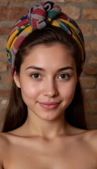 Female character, approximately 20–25 years old, symmetrical, soft and youthful facial features. Skin tone is warm olive with a smooth, even texture and a natural glow. Face shape is a classic heart shape, wider forehead, gently tapering jawline, and a soft pointed chin. Cheekbones are high, moderately prominent, with a natural shadow below them.

Eyes, Eye shape, large, almond-shaped

Eye spacing, slightly wider than average, (outer canthus to outer canthus = ~1.3 eye widths apart), Eye angle, horizontally level, not upturned nor downturned

Iris color, hazel with golden flecks

Eyelashes, long, natural, slightly curled upwards

Eyelids, visible upper lid, low-profile eyelid crease

Lower lid, delicate and smooth, without puffiness

Eyebrows, Natural, full but well-groomed

Shape, slightly arched, following natural bone structure

Color, dark brown

Spacing, consistent with wide-set eyes — the brows do not meet, natural gap above the nose bridge

Nose, Size, small to medium

Shape, straight nasal bridge with a narrow profile

Tip, slightly upturned, rounded but not bulbous

Nostril flare, minimal, delicate

Lips, Full, heart-shaped lips with well-defined vermillion borders

Upper lip, pronounced Cupid’s bow, moderate volume

Lower lip, fuller than the upper, rounded and soft

Natural color, muted pink with a matte finish

Distance from nose to upper lip, average, (~1.5 cm), Chin & Jaw, Chin, soft and rounded, tapering from cheeks into a defined point

Jaw, smooth, not square, no harsh angles

Jawline, elegant and clean, visible but not sharp

Forehead, Medium height

Smooth, no visible lines

Hairline, rounded at the sides, no widow's peak

Hair, Long, thick, dark brown with soft natural waves

Parting, center or slightly right of center

Hair texture, shiny, voluminous, healthy

Usually styled to fall freely over shoulders and back

Accessories, (if included), Wears a multicolored knitted turban wrapped around head with a fabric knot on top center

No facial piercings, no glasses

Expression, Neutral to serene, gentle smile or closed lips

Calm, direct gaze — eyes looking straight at viewer
Face shape is slim and vertically narrow, with soft tapering from the temples to a small, delicate chin. The overall head structure is elongated and oval, with no lateral fullness. Cheekbones are subtle, not protruding, and the facial width is significantly less than the length. The jaw is narrow and feminine, with no squareness or angularity. The face has a smooth, natural narrowing from forehead to chin.