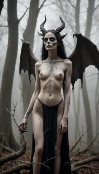 full length bodies view, A haunting, black-and-white, high-contrast photograph, styled in the vein of 19th-century Romantic photography and imbued with a surrealist atmosphere., (The focal point is a towering, skeletal figure, reminiscent of a gothic gargoyle, yet possessing delicate, antlered branches instead of horns. Its long, flowing hair cascades down its back, contrasting sharply with its stark bone structure:1.5), . The figure, with an ethereal glow suggesting faint light from behind, stands protectively over a young woman, approximately 18 years old, of mixed race heritage, with dark, expressive eyes. The woman wears a simple, white linen dress. The woman gazes up at the creature with a mixture of apprehension and trust, clutching a worn, wooden doll. The creature’s posture is a delicate balance between menacing and protective, its gaze directed towards something beyond the frame, conveying a sense of ancient guardianship. The setting is a dense, fog-laden forest, the ground strewn with antique newspaper clippings, their text indecipherable, creating a sense of lost time and forgotten narratives. Dark, gnarled trees loom in the background, their branches obscuring a twilight sky, lending depth and mystery. The composition is a dramatic low-angle shot, emphasizing the creature’s height, utilizing a wide-angle lens to encompass the atmospheric surroundings. The light is diffused, creating soft shadows and enhancing the overall moody atmosphere. The textures range from the smooth, almost ethereal texture of the creature’s bones to the rough texture of the bark and the brittle texture of the newspaper clippings, creating tactile depth. The overall mood is one of haunting mystery, balancing the sinister with the innocence of the woman, evoking a sense of dark fairytale.