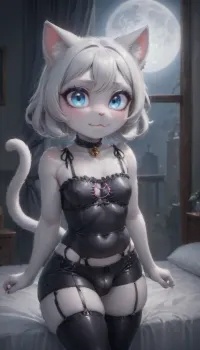 1femboy, ((furry silver point Siamese cat in latex lingerie in bedroom at night with moon in window and moonlight)), cat anthro, looking at viewer, ashamed, blushing, short soft silky fur, cats head, alone, makeup, ((very black)), horse cock, feminine, cute, curvy, thick ass, femboy dick outline bludge in pants showing, crystal blue eyes, innocent, young, seductive smile, <lora:FursuitXL:1>, <lora:Hegre-:.5>, long shimmering silver hair, Nude_woman-000001, .5>, black latex boyshorts, sex eyes, black nipples, shortstack cute, thick toned thighs, latex stockings, presenting, precum