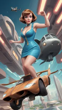 Jane Jetson, gigantic breasts, bob cut lite brown hair, (futuristic background:1.2), flying car, fullview, full view..