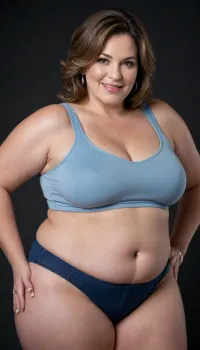 The image depicts a obese, bbw, mature woman, 60 years old, milf, full body view portrait, against a solid black background.
Body and Figure, The bbw woman has a curvaceous and full figure. Her shoulders appear broad, and her arms are chubby. Her waist is cinched, emphasizing the width of her hips and thighs, which are generously proportioned, giving her an hourglass or pear-shaped silhouette.
Breasts, She has a very full bust, with her saggy breasts appearing large and prominent, pushing against the fabric of her top. Her nipples are hard.
Clothes, She is wearing a simple white sleeveless top with wide straps, which appears to be a camisole or tank top. The top is form-fitting, highlighting her bust. Below the top, she is wearing a pair of dark blue denim jeans. The jeans are high-waisted and snug, conforming to her big hips and thighs. On her left wrist, a silver-toned watch with a metal band is visible. She is wearing a diamond wedding ring on her left hand ring finger.
Face and Features, Her face is presented frontally, with a big smile. She has dark hair, styled in a bob or shoulder-length cut, parted on the side, and appearing to have some gray highlights. Her eyes are light-colored, possibly blue or grey, and there is visible makeup around them, including eyeliner and mascara. Her eyebrows are well-defined and dark. Her nose is of average size, and her lips are full and colored with what appears to be a natural or light pink lipstick. Despite the stated age of 60, her skin appears relatively smooth with visible wrinkles. There's a subtle dimple visible on her right cheek.