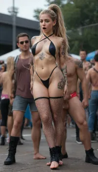 (1man, 1woman), view from front, view of pussy, (((She has on a black sequined halter bralette with a plunging neckline and cut-out design at the midriff. She's wearing high-waisted black sequin bikini bottoms paired with sheer black fishnet tights embellished with small rhinestones. On her feet are chunky black combat boots with thick soles. She has her blonde hair tied back in a high ponytail, and she's wearing fun, sparkly face gems around her eyes, adding a playful, rave-inspired touch. The setting is an outdoor music festival with people in the background.))), looking at viewer, detailed pussy, narrow waist, ((tits exposed)), voluptuous, highest quality, high resolution, 8k, (very long blonde hair:1.5), tight body, nipples, small perky breasts, (orgasm, moaning), ((extremely perky athletic ass:1.1)), (leg straps), eternal beauty, ((perfect hourglass body)), ((extreme body tattoos:1.6)), (fucked from behind), (cock in pussy), cum in pussy, beautiful pussy
