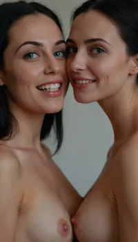 Ultra photorealistic portrait, 4k, highly detailed, mother with her young daughter, sexy, beautiful, perfect breasts, shaved pussy, shaved pubis, russian, naked, nude, happy, cute face, perfect face, ultra detailed face, perfect blue eyes, slender body, inheritance, long black hair on the head, perfect skin, perfectly clear skin, composition of two women, smile, kiss, show pussy, visible pussy, full-length standing