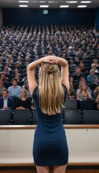 one skinny 18yo college girl in darkblue dress in front of a big audience of people, firm small ass, blonde hair, photo from head to feet, small breasts, small tits, ((in a big university lecture hall in front of a big audience)), from behind, knwau_high, both arms up, (hands on head), hyper-realistic, ultra-high quality, insanely detailed. high resolution, masterpiece, best quality, UHD 8K, extreme realism, maximum detail, hyper realistic, ultra realistic, photorealistic, <lora:KneelWithArmUp.0.9:1.3>, lighting, key light, fill light, rim light, <lora:polyhedron_photostudio-000005:.8>