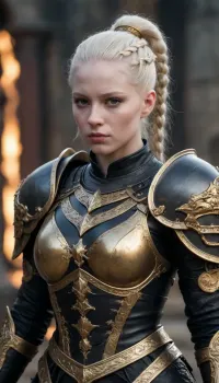 Tense Young Dark Female albino Warrior for the God of Chaos and War in fearsome and also beguiling wealthy expensive ornamated pomp splendor pageantry magnificence opulence, sumptuousness heavy armor in very black and bright gold with piquant insights. One very elegant braided ponytail, the whole appearance radiates dominion rule reign dominance power control, She carries the ceremonial helmet under her armpits. Many fresh blood splashes from the slain opponents are on the face and on the armor. She stands as a shining centerpiece on a fantasy medieval raging bloody cruel crowded battlefield.