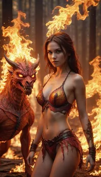 fire demon girl and her fire pet, <lora:lora-sdxl-flaming-person:.5>