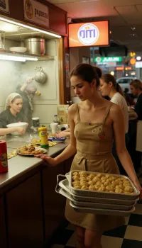 A bustling pelmeni diner at night, steam fogging the windows. A young waitress, (20s), in Soviet-era uniform — floral apron over beige dress — carries stacked aluminum trays of dumplings. Behind the counter, babushka in headscarf ladling sour cream, neon 'ПЕЛЬМЕНИ' sign buzzing. Tables with checkered cloths, students eating, old men playing chess. Kitchen glimpse, giant boiling pots, hanging garlic braids. Fisheye lens, warm tungsten lighting, Kodak Gold 200 film grain. Style, socialist realism meets urban nostalgia. nude naked