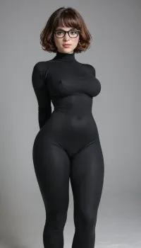masterpiece, award winning photo, high detail, photo realistic, best quality, Velma, in a, (sexy tight brightly leggings outfit:2), 19yo, petite woman, gigantic erect hard nipples, poking nipples, very huge tits, super large huge 80inch breasts, bulging big tits, short dark hair, very deep visible cameltoe, large labia, very wide hips, small waist, big round butt, seductive smile on her face, sexy pose, showing big butt, full body view, MaiLoRa, <lora:JadeTeen_XL-000010:1.4>, <lora:MaiLoRa XL v1.0:2>