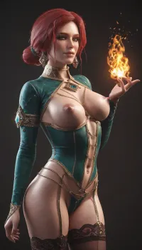 Triss Merigold from The Witcher 3. In an erotic revealing outfit. Sexy, flirting, practicing fire magic. Large firm breasts with large areolas. Pronounced freckles. Seductive, erotic, lustful, depraved. Striptease. Sexy posing.