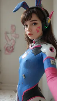 (((Best selfie pose))), close-up girl, upper body, (Very young petite girl:1.8), eye contact, (((cinematic film still Cinematic scene))), (((D.Va, Overwatch))), standing pose, detailed background, masterpiece, best quality, high quality, highres, absurdres, Guild Wars 2 . shallow depth of field, vignette, highly detailed, high budget Hollywood movie, bokeh, cinemascope, moody, epic, gorgeous, (film grain), grainy, erect nipples, ((cameltoe pussy)), 1girl, d.va, (overwatch), solo, long, hair, markings, (bodysuit), brown, facial, mark, gloves, eyes, suit, headphones, white, medium, swept, bangs, skin, tight, print, bunny, ribbed, facepaint, (pink, lips), (dva:.8), ((wide hips)), Cyberpunk, (ultra realistic:1.3), (maximum quality:1.3), (high resolution:1.3), (extreme detail:1.3), (ultra realism:1.3), (maximum detailed skin:1.3), (((extremely long big thick black eyelashes))), (light pink makeup:1.6), (((blush))), (((shock))), ((side view)), (grey blue eyes), <lora:d.va_xl_v1:.8>, <lora:cybepunk:2>, <lora:MJ52:2>, <lora:Realism_Lora_By_Stable_yogi_SDXL8.1:2>, <lora:cfg_scale_boost:2>