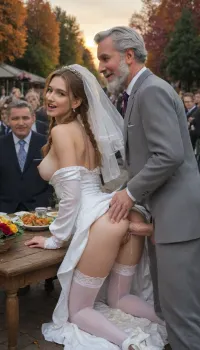 A petite skinny tiny bimbo bride, perfect nature, (autumn colors), she will be fucked outside in the German beergarden, (analsex:1.6), (Extrem giant cocks:1.2), (open smile mouth:1.2), (She doing doggystyle on the table and get fucked from behind:1.2), (view from the side:1.2), (extreme gaping vagina), (massive cumshots), (short pink braids), (she wear bride costume), cum covered, she have large silicone breasts and small nice ass, (she will be anal fucked from two old men and white beard:1.2), they are full clothed in pantsuit, Outside in Germany, (((public beergarden, crowded, people around))), Sunset, perfecteyes, 2boys, white, thighhighs, hon, one, eye, frills, puff, sleeves, (white, bridal, dress, veil:1.5), <lora:340947_training_data:2>, <lora:681678_training_data:.4>, <lora:lora-sdxl-perfect-eyes:.5>, <lora:Nier_Automata_2B_White_Wedding_Dress_Bride_Cosplay_Realistic_LoRA:2>