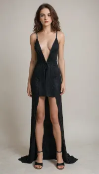 UHD 8K, extreme realism, maximum detail, slender 40 year old slender woman, wearing a tight sheer black dress with a plunging cleavage down to the pussy, no slip, medium sized sagging breasts, darkbrown shoulder lenght hair, full body, standing in front of a white wall, smiles, braless, Wearing, clothes, that, make, sense, with, Braless>, detailed, eyes, perfect, freckles, skin, texture, photorealistic, boho, dress, <lora:bralessSDXL_v1_00022:1.4>, <lora:Platform_mules-000009:.8>, <lora:SDXLHighDetail_v6-000005:1.5>, <lora:Super_Eye_Detailer_By_Stable_Yogi_SDPD0:1.1>, <lora:BT_Boho_Dress_XL:1.3>