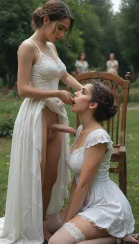 outside in a Victorian garden, many people, crowded, Two elegant futanari having oral sex, one futanari is seated in a lawn chair and the other futanari is kneeling in front of her, 20 years old blond futanari with braided hair and 23 years old brunette futanari, pale skin, oral sex, (oral:1.9), moaning, shaved penis, lesbian domination, white dresses and white garter belt and white panties with white choker with a cross hanging from it, tanned skin, makeup, (medium sized penis:1.9), regular sized penis, fully clothed, elegant dress, dress lift up, soaked hair, slender bodies, domination, shy, cum, cumming, cum on chest, shocked people watching them, detailxl, erect-futa, erect-penis, woman, testicles, erection, JANEGILTICUS, <lora:MJ52:1.3>, <lora:SDXLlora13ErFut:.8>, <lora:JANEGILTICUS_last:1.3>, <lora:add-detail-xl:.8>, <lora:255700_training_data:.8>