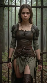 ** Description for the image generator, ** A girl in a tattered medieval tunic of coarse linen, with frayed edges and traces of dirt, stands in an iron cage that resembles an animal enclosure. Her hair is disheveled, her eyes are fearfully defiant, and her fingers are gripping the bars as if she's trying to defend herself. The cage is surrounded by a misty forest thicket, rusty spikes on the bars and shadows from the branches add to the sense of confinement. There are two hunters around, men in worn leather armor, daggers on their belts and crossbows on their backs. Their postures are aggressive — one is leaning toward the cage, grinning, his hand reaching for the lock, the other is half-turned, eyeing the captive with carnivorous interest. The hunters ' faces are a mixture of cruelty and lustful curiosity, narrowed eyes, stiff neck muscles, greasy grins. **Details to draw, **, **Textures, ** focus on the frayed fabric of the tunic, the gleam of the metal of the cage, the roughness of the tree bark in the background., **Lighting, ** the dim moonlight filtering through the fog creates sharp shadows on the hunters ' faces and glare on their weapons., **Emotions, ** fear and resistance in the girl's eyes, contrasting with the predatory passion of men., **Environment details, ** moss on the ground, broken branches underfoot, cobwebs in the corners of the cage. — * * Colors, ** a muted palette, (gray-green tones of the forest, dark brown leather of armor), with an emphasis on the pallor of the girl's skin and bloody reflections on metal. — * * Composition, ** a bottom view that highlights the threatening position of the hunters, a light haze for an atmosphere of alarm. **Technical instructions, ** Use ultra-detailed rendering for the characters ' faces and hands, 8K texture resolution for rendering small elements, (such as scratches on bars), and dynamic lighting with soft shadows. Add a motion blur to the background to focus your attention on the cell. * Restriction, The description does not contain explicit scenes of violence, but implies a tense atmosphere.*, fantasy, scaled, humanoid, 4ng3l, face, <lora:add-detail-xl:.5>, <lora:SDXL_BetterFaces-LoRA_v1:.5>