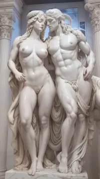 1girl, 1male, White marble statue of Aphrodite, white marble statue of Zeus with huge cock, full nelson position, anal fuck, detailed fingers, perfect face, perfect lips, perfect eyes closed, high realism, huge sagging boobs, marble nipples, hard abs, stunningly beauty, grabbing boobs