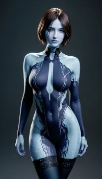 Cortana from Halo wearing cleric robes and stockings, masterpiece, best quality high resolution realistic photograph, cortana blue skin