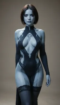 Cortana from Halo wearing cleric robes and stockings, masterpiece, best quality high resolution realistic photograph, cortana blue skin