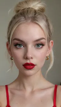 Hyper realistic, close up portrait view, (extremely petite), (19 yo young adult:2), platinum blonde hair, dark olive skin, large hoop earrings, high ponytail with bangs, ((big plump lips with cupid's bow:1.2)), (bimbo makeup, glossy red lipstick), (tinymodel), Full make-up, ((huge almond eyes:1.4)), eye shadow, dark eyeliner, ((long thick false eyelashes:1.4)), tiny nose, (detailed eyes), (stunning green eyes), 4ng3l face, <lora:SDXL_BetterFaces-LoRA_v1:2>, <lora:DetailedEyes_V3:2>