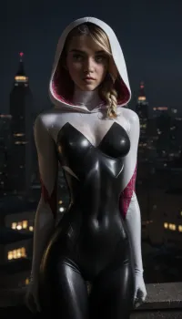 night, clear weather, (((18 years old))), (((young))), (spider girl Gwen Stacy), Braided side Side Cornrows Hair, (tight outfit), (athletic body:1.5), hood on head, (hip gap:1.3), wide hips, (narrow waist:1.5), (blonde with pink strands), (view from front:1.6), climbs to the roof of a high-rise building, (makeup), New York day, (wet clothes), (makeup:1.2), (oiled skin:1.7), (wet tight bodysuit:1.8), hand, 1girl, (athletic ass), medium natural breast, (high detailed face:1.5), dim lights, (hard nipples:1.3), (chiaroscuro lighting:.3), Symbiote, Suit, <lora:HandFineTuning_XL:1>, <lora:MGLRbodysuit_sdxl:.6>, <lora:uberfit_lora_sdxl:.4>, <lora:dark:.3>, <lora:Symbiote Suit:.8>