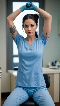 Score_8_up, Woman nurse, sitting on a stool in a dr office, wearing modern scrubs with no bra underneath, arms above head putting hair up into ponytail, hard nipples visible under scrub top, tattoo sleeve, black hair, blue eyes, medical gloves, underwear sticking out of scrubs