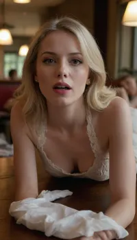 petite girl holding her panties in her teeth, lying sprawled out on a table in a restaurant, the restaurant is packed with people panties down, pussy showing, 45 years old, (pale skin), collar, (light blonde hair), nice hands, dress, perfect fingers, looking at camera, bare legs, cute little legs, (full body view), quality photo, realistic image, sharp, lofwes, front, view, half-front, side, lying, on, elbows