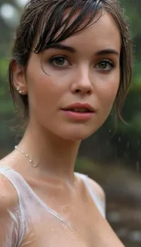 (Whole body visible:1.4), photo of a nude 25 year old woman walking in the rain wearing a plaid skirt, photorealistic, ultra realistic, light warm skin, smooth complexion, straight jawline not sharp, jaw-length straight very dark brown hair, side part with long fringe crossing small forehead, a few fine strands loose near cheeks, (((very short distance between eyes))), ((very small eyes)), ((eyes slight upward tilt at outer corners, hazel green iris with darker outer ring, eyelids with visible crease, medium lashes, soft eyeliner, eyebrows dark and medium thick with natural arch)), ((nose straight and narrow with gentle slope, small rounded tip, slim nostrils, button)), ((mouth medium width, lips natural fullness, lower lip noticeably fuller than upper, soft cupid’s bow, half smile showing straight white teeth)), (((tiny silver stud on right nostril))), ears small and close, subtle pink tone in cheeks, minimal natural makeup, highly detailed skin, cinematic soft light, neutral studio background, hyper realistic, 8k uhd, ultra sharp focus, ((eyelids with visible crease, medium lashes, subtle eyeliner:1.1)), ((eyebrows dark, medium thick, natural arch:1.1)), ((jaw-length straight very dark brown hair, side part, long fringe crossing forehead, fine strands loose near cheeks:1.2)), ((round face, soft cheekbones, rounded chin:1.2)), Dunst1024, sksjedi, LawrenceExl, ohwx, woman, pussy, clitoris, open, spread, closed, small, shaved, pubic, hair, lighting, bright, 1-alpha, .8>, w3t, wet, tshirt, <lora:Dunst1024-000350:1.1>, <lora:lawrence_dh128_v1-step00012000:.4>, <lora:MJ52:.9>, <lora:FelicityJonesXL:1.3>, <lora:w3t_SDXL:.5>