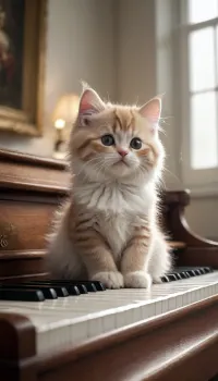 5000000010.252, fluffy kitten sitting at the piano, cgsociety winner, conceptual art, eve ventrue, pixar movie stills, cutest, sing with me, guweiz, absolutely outstanding image, stained"
