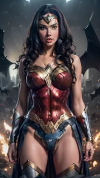 wonder woman, sex with giant batman, hypermuscular batman, giant massive gigantic cock, cum everywhere, cum overflow, impossible fit in vagina, detailed background