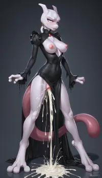 (female anthro Mewtwo), black dress outfit, solo, slim, squirting breasts, extreme pussy cameltoeexcessive squirting pussy, excessive cum dripping from pussy, excessive cum