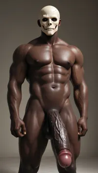 Only One Huge fat 40 y.o. demonic body brute muscular fat african man, nigeria skin, niger, huge mucular handsome muscular fat african man, bald, very tall and huge black african man, very handsome african man, huge big black hard erect cock, blacked, bbc, hyper long and thick big black erect cock, completely nude tall gorgeous wide body black man standing, erection. massive erect black cock, thick cock, posing, veiny black cock, giant muscular, giant hyper long fat cock, lean muscular black man, intense penis, extra dark skined male, bedroom background, solo, no hair, black skin, black gay god, groop gang, no beard, black evil skull balaclava on face head, fullheadmask, <lora:SDXL_full_head_mask_v1.1-000012:1.2>