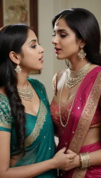 A indian muslim young thick body with her lesbian bhabhi, both girls have silver indian embroidery saree, both girls standing and other girl is licking her big boobs realistic